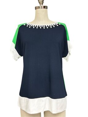 Ruby Rd. Petite Embellished Colorblock Short Sleeve Top Navy Green White PM